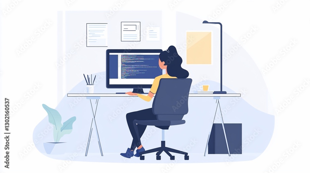 Aufkleber woman coding on computer in minimalist office setting vector graphic