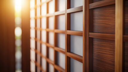 close up view of Japanese style wooden wall with intricate lattice design, showcasing warm tones and natural textures, illuminated by soft sunlight