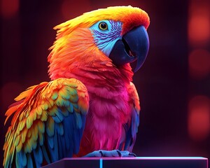 Fototapeta premium Vibrant Parrot in Colorful Suit Speaking at Glowing Podium Symbolizing Communication and Energy