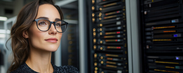 Tech-savvy woman analyzing data in a modern server room technology professional environment focused perspective digital innovation