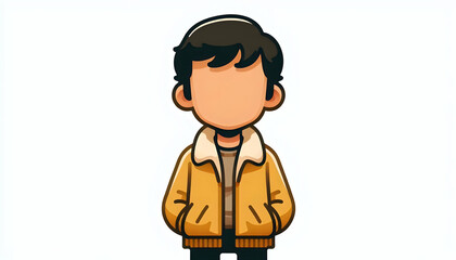 Obraz premium Cartoon A cartoon figure in a mustard-yellow jacket with a blurred face, creating a sense of anonymity