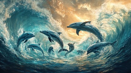 Fototapeta premium Dolphins leaping through waves ocean nature photography dynamic environment aerial view wild beauty