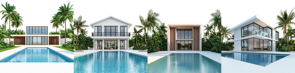 Luxurious tropical villa with inviting swimming pool in a scenic coastal setting surrounded by lush palm trees and overlooking the ocean  Exterior of modern contemporary architecture and design