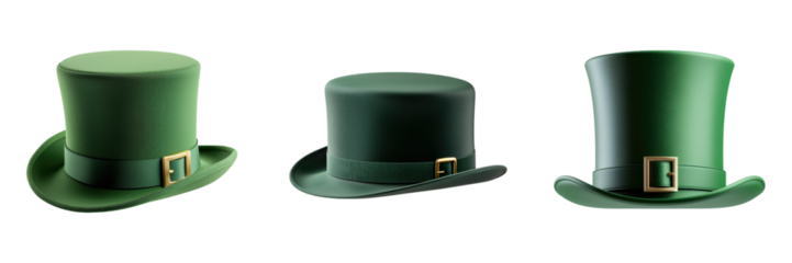 St.Patrick's Day Theme, Three green top hats displayed against a transparent background, perfect for St. Patrick's Day celebrations.