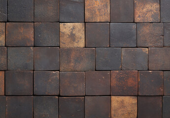 Fototapeta premium Dark brown brick background with textured surface, showcasing mix of earthy tones and patterns. This versatile backdrop is perfect for various design projects