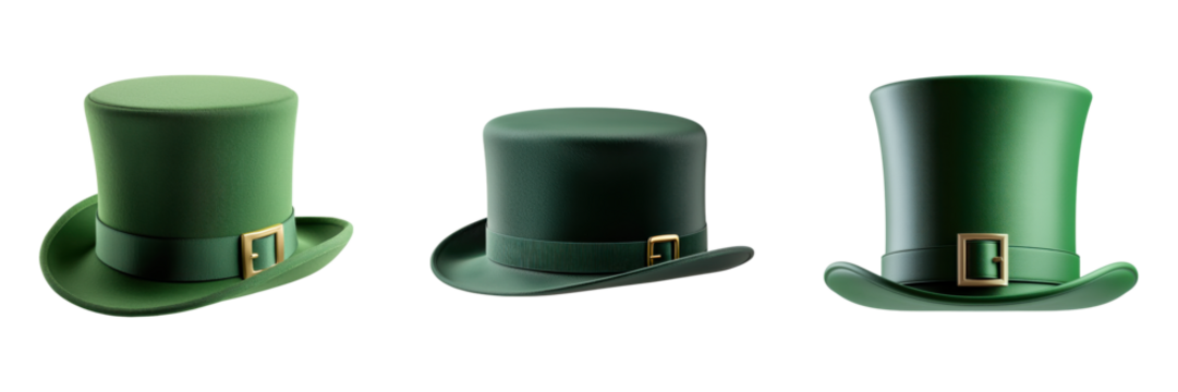 St.Patrick's Day Theme, Three green top hats displayed against a transparent background, perfect for St. Patrick's Day celebrations.