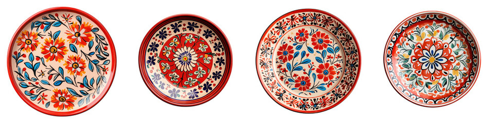 Obraz premium Collection of Handcrafted Ceramic Plates and Bowls Featuring Intricate Floral and Geometric Patterns in Vibrant Earthy Tones for Bohemian Rustic or Ethnic Inspired Home Decor and Dining Experiences