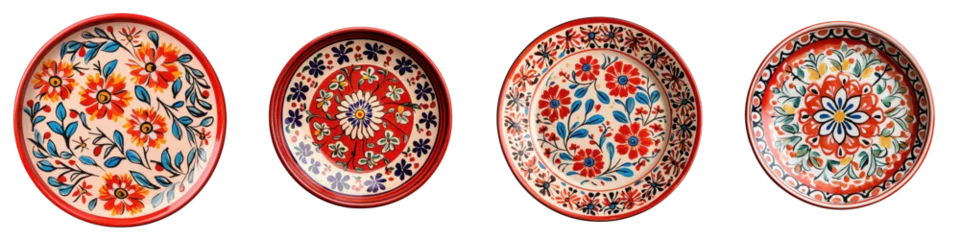 Photo sur Plexiglas Collection of Handcrafted Ceramic Plates and Bowls Featuring Intricate Floral and Geometric Patterns in Vibrant Earthy Tones for Bohemian Rustic or Ethnic Inspired Home Decor and Dining Experiences