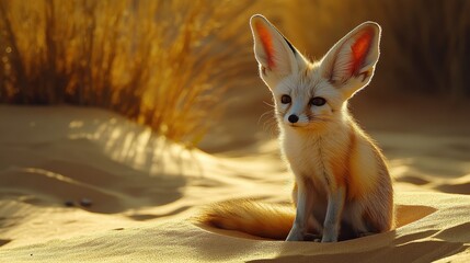 Fennec fox in desert sands wildlife photography sunset lighting natural habitat close-up view animal behavior