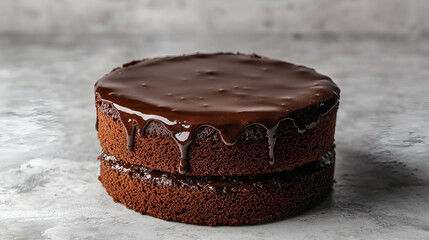 Chocolate cake with glossy ganache. A two-layer chocolate cake with rich, dripping chocolate ganache on top, creating a smooth and indulgent dessert presentation
