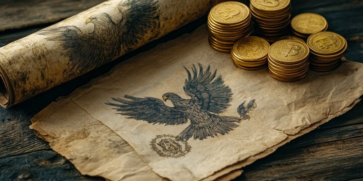Ukrainian and american eagles embracing history and cryptocurrency on ancient parchment