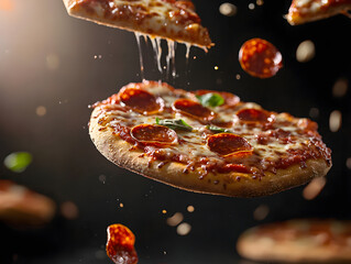 dramatic shot of pepperoni pizzas tumbling downward, showcasing melted cheese and vibrant toppings. scene captures excitement of pizza in motion