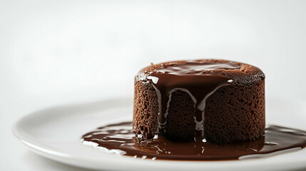 Chocolate lava cake with melted chocolate sauce. Rich and moist dessert with a soft texture, served on a white plate