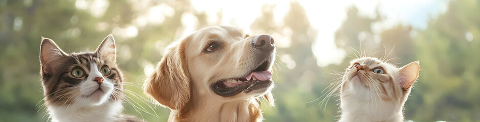 playful dog and two curious cats enjoying sunny day outdoors, surrounded by nature beauty. Their expressions reflect joy and tranquility in this serene setting