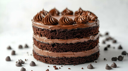 Chocolate layer cake. A rich and moist chocolate cake with three layers of creamy chocolate frosting, topped with decorative chocolate swirls.