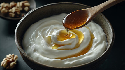 close up of a bowl of honey greek yogurt