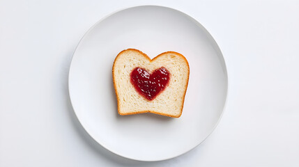 heart shaped slice of toast with jam on white plate, symbolizing love and warmth. Perfect for breakfast or sweet treat