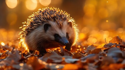 Hedgehog foraging in autumn leaves enchanted forest wildlife photography natural light close-up beauty of nature