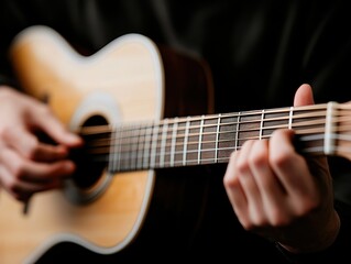 Fototapeta premium Close Up of Musician's Hands Playing Acoustic Guitar Strings Music Performance