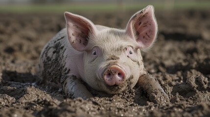 Playful piglet enjoys muddy adventure on farm capturing nature's charm and animal life