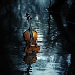 Fototapeta premium Antique Violin Partially Submerged in Calm Water Reflecting in the Surface, Artistic Concept