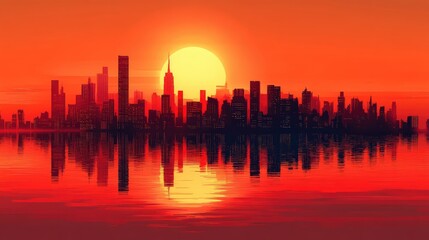 Obraz premium Sunrise over New York City skyline reflected in water