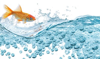Vibrant goldfish leaps from crystal-clear water, creating a dynamic splash with countless bubbles against a stark white backdrop.