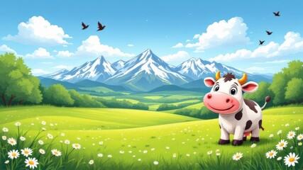 Naklejka premium Happy Cartoon Cow in a Vibrant Mountain Landscape – Digital Illustration