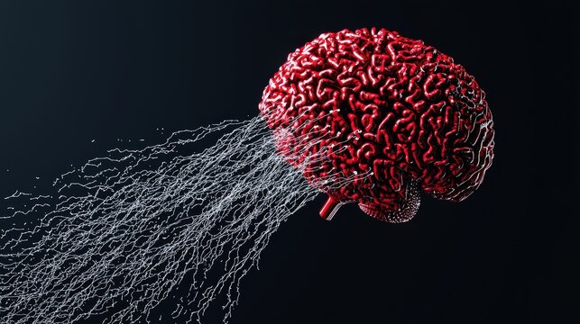 A brain with red hair is shown in a black background