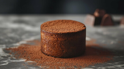 Rich chocolate dessert dusted with cocoa powder on a marble surface.
