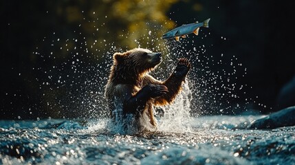 Bear catches fish in river wilderness setting nature photography dramatic lighting action scene