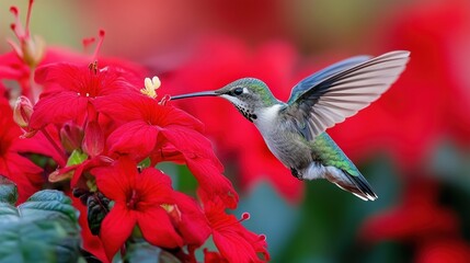 Fototapeta premium Hummingbird feeding on vibrant red flowers in nature's garden close-up shot sunny day wildlife concept
