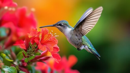Naklejka premium Hummingbird feeding on vibrant flowers tropical garden nature photography colorful environment close-up view