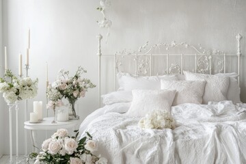 Luxurious white bedroom with flowers and candles.