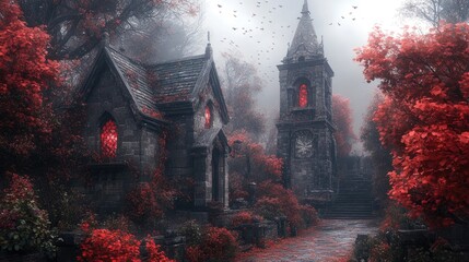 Gothic chapel in autumnal fog
