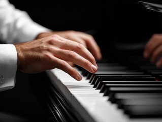 Fototapeta premium Close up of pianist hands playing a grand piano, musical performance concept, black and white keys.