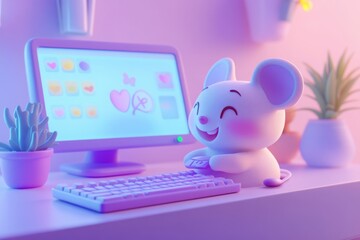 A cute 3D mouse happily uses a pastel-colored computer.