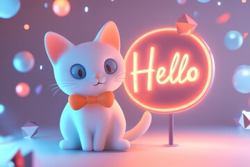 Adorable 3D rendered white kitten with a bow tie, sits beside a neon 'Hello' sign in a vibrant, colorful scene.