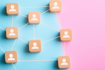 Minimalist network of people icons connected by lines on colorful background. This design symbolizes communication and collaboration in modern context