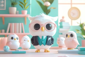 Fototapeta premium A dapper owl in a teal suit sits amidst three cute baby owls in a pastel-colored room.