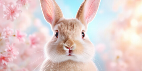 Obraz premium A rabbit surrounded by soft pink and blue bokeh, perfect for whimsical and festive themes.