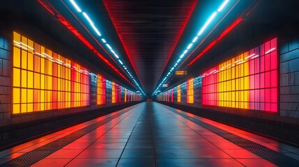 Intriguing long tunnel with vibrant red and yellow lights creating a captivating and artistic atmosphere