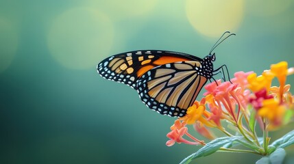 Fototapeta premium Monarch butterfly feeding on colorful flowers garden nature photography vibrant environment close-up perspective beauty in nature