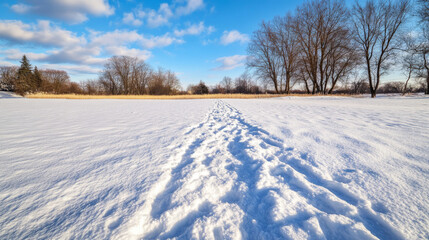 Obraz premium Footprints in a Snowy Field Under a Bright Blue Sky