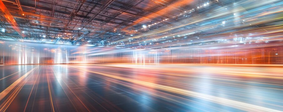 Abstract blurred long exposure shows speed and movement in warehouse