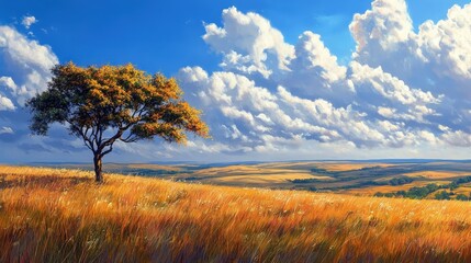 Obraz premium Golden meadow landscape with a lone tree under a blue sky nature scene open field tranquil environment