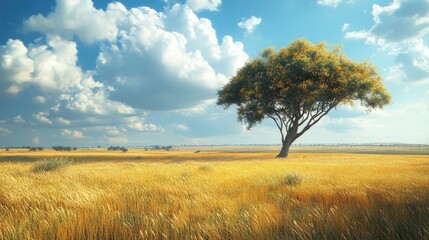 Fototapeta premium Golden wheat field under blue sky vibrant nature scene open landscape peaceful environment wide angle view