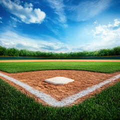 realistic view from behind home plate at baseball field, showcasing vibrant green grass, dirt infield, and clear blue sky. scene evokes sense of excitement and anticipation for game ahead