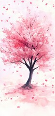 Fototapeta premium Delicate cherry blossom tree with petals drifting in the wind, soft pastel watercolor style, minimalist yet expressive composition