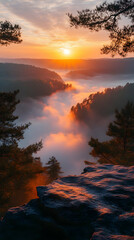 Naklejka premium Sunrise Over Misty Valley Landscape